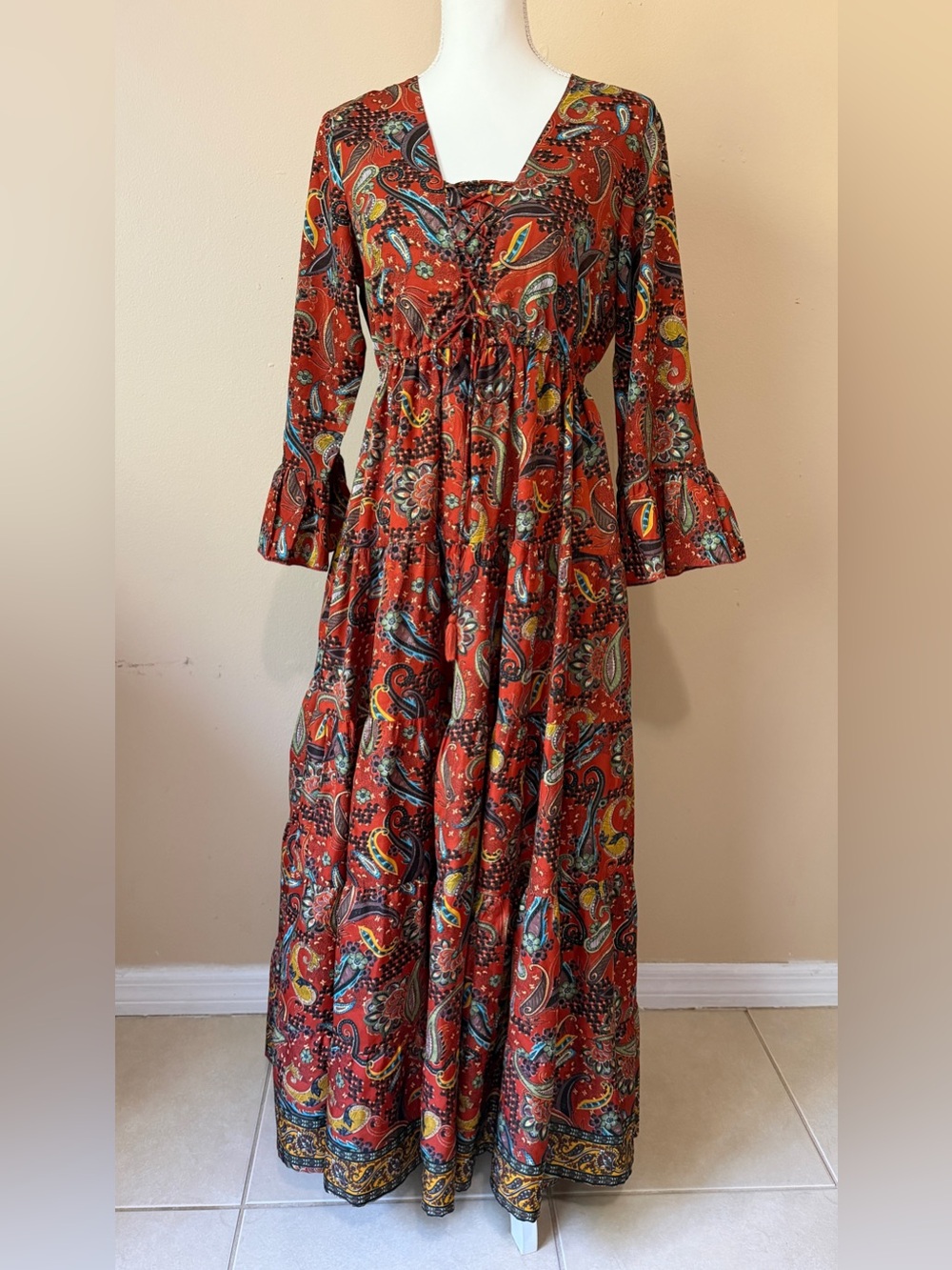 Boemo By Anthropologie Maxi Dress Women’s Large Paisley Boho Long Sleeves